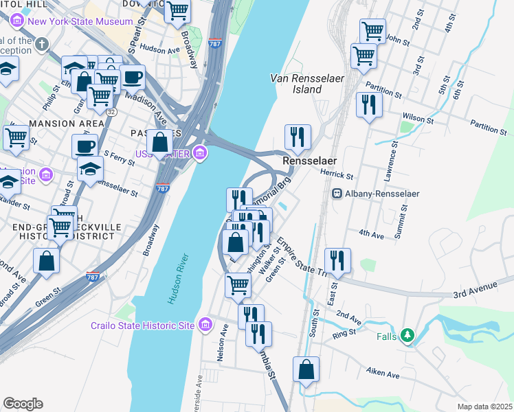 map of restaurants, bars, coffee shops, grocery stores, and more near 5555 Dunn Memorial Bridge in Rensselaer