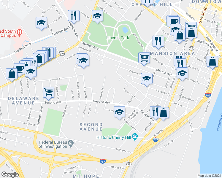 map of restaurants, bars, coffee shops, grocery stores, and more near 33 Grandview Terrace in Albany