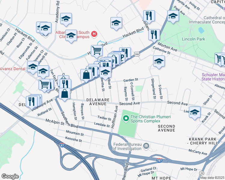 map of restaurants, bars, coffee shops, grocery stores, and more near 31 Hurlbut Street in Albany