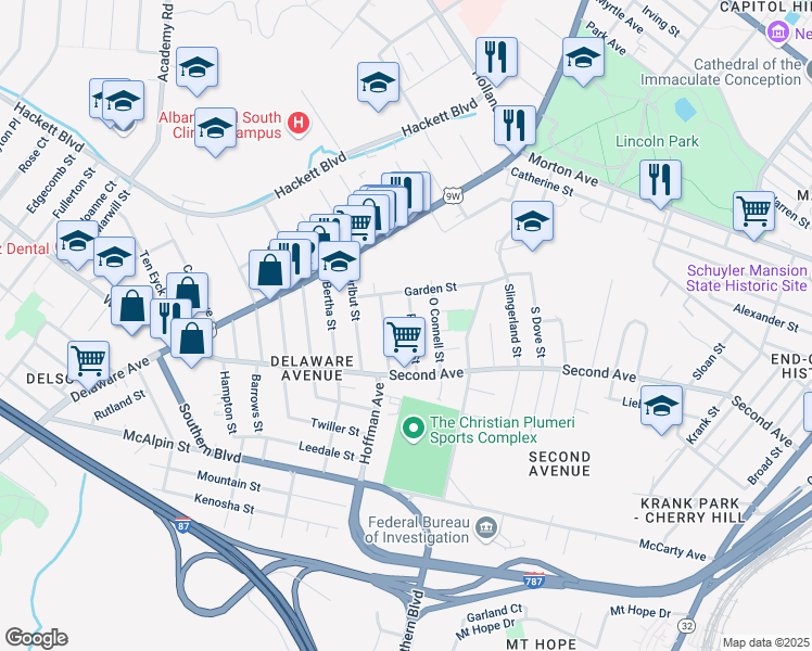 map of restaurants, bars, coffee shops, grocery stores, and more near 34 Raymo Street in Albany