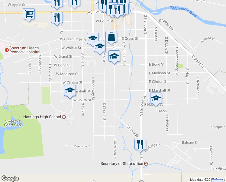 map of restaurants, bars, coffee shops, grocery stores, and more near 130 West Marshall Street in Hastings