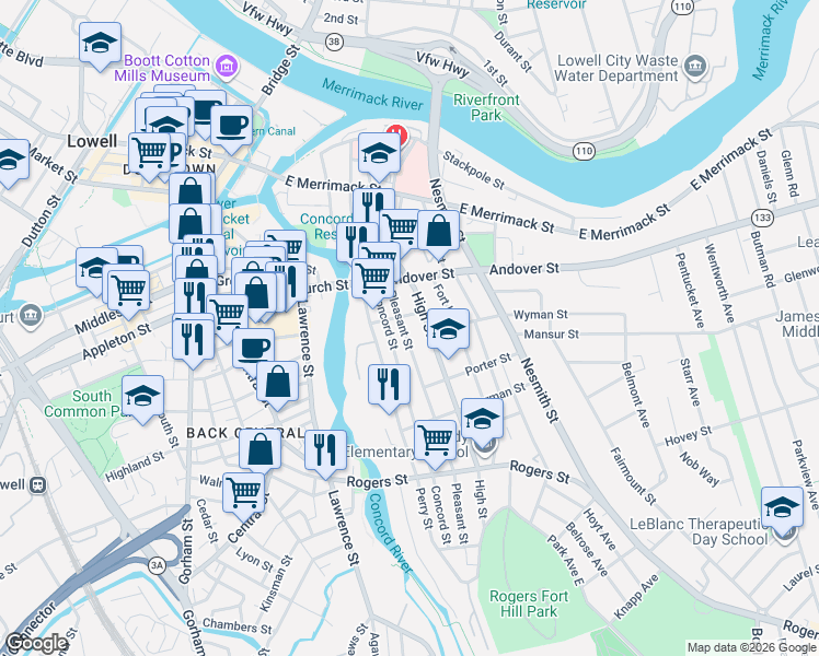 map of restaurants, bars, coffee shops, grocery stores, and more near 106 Concord Street in Lowell