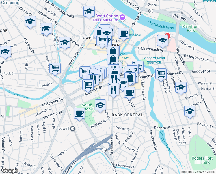 map of restaurants, bars, coffee shops, grocery stores, and more near 112 Appleton Street in Lowell