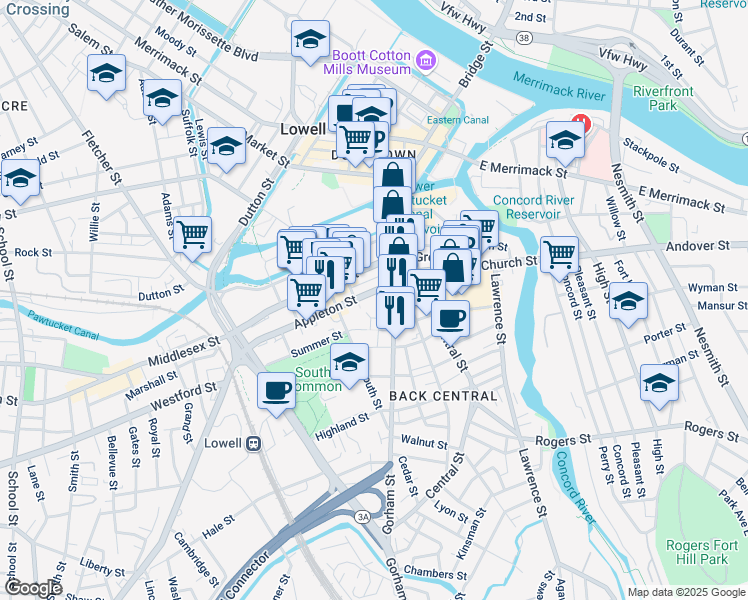 map of restaurants, bars, coffee shops, grocery stores, and more near 112 Appleton Street in Lowell