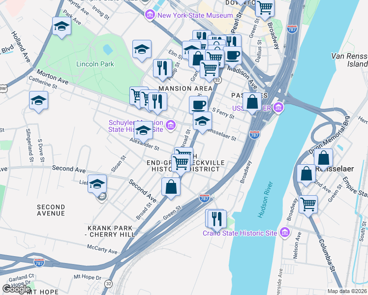 map of restaurants, bars, coffee shops, grocery stores, and more near 71 Broad Street in Albany