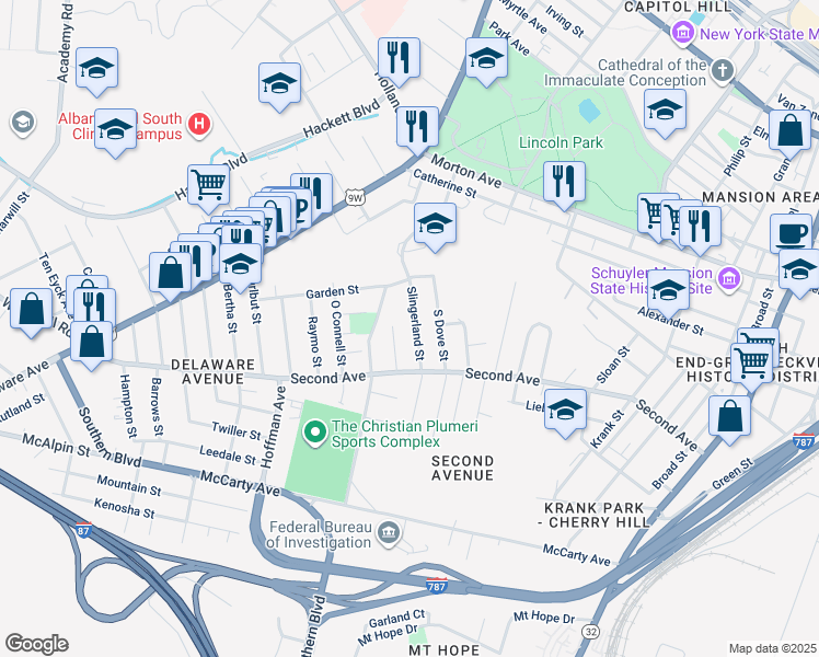map of restaurants, bars, coffee shops, grocery stores, and more near 31 Slingerland Street in Albany