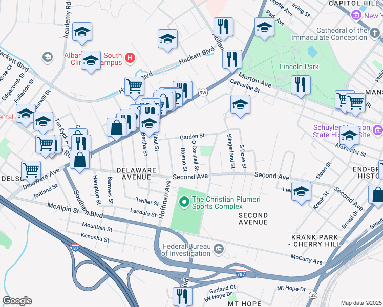 map of restaurants, bars, coffee shops, grocery stores, and more near 23 O Connell Street in Albany