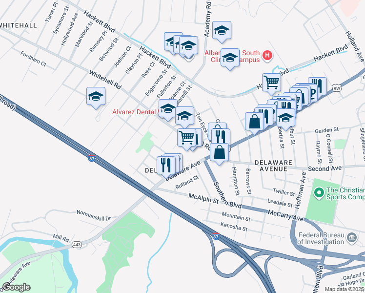 map of restaurants, bars, coffee shops, grocery stores, and more near 10 Sard Road in Albany