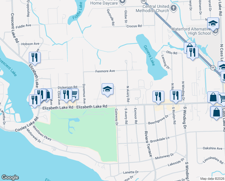 map of restaurants, bars, coffee shops, grocery stores, and more near 26 Millstone Drive in Waterford Township