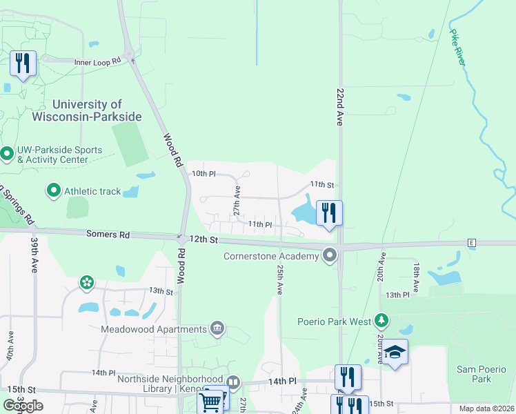 map of restaurants, bars, coffee shops, grocery stores, and more near 2625 11th Street in Kenosha