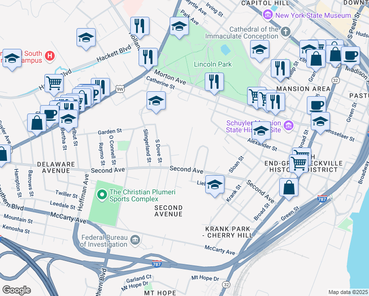map of restaurants, bars, coffee shops, grocery stores, and more near 28 Boenau Street in Albany