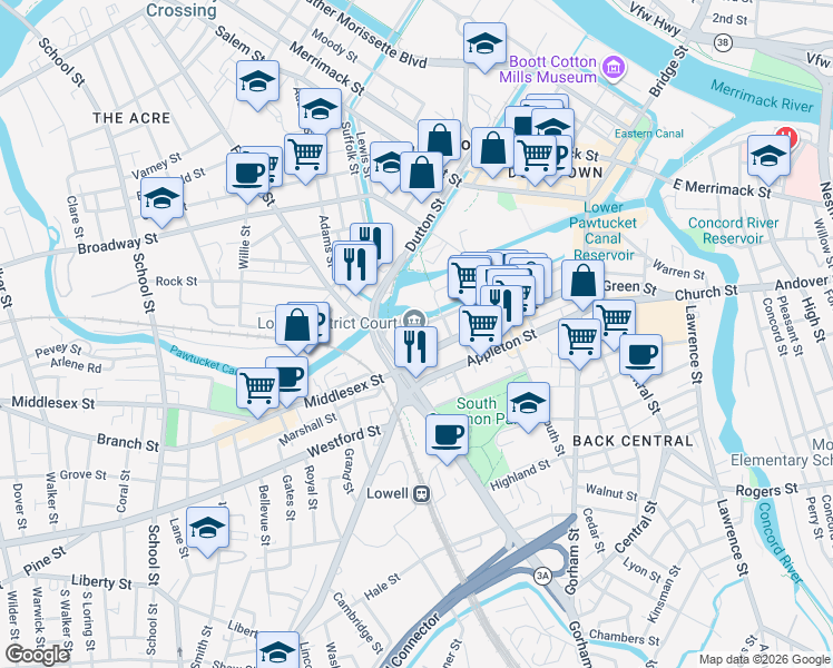 map of restaurants, bars, coffee shops, grocery stores, and more near 370 Jackson Street in Lowell