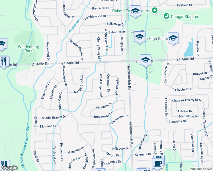 map of restaurants, bars, coffee shops, grocery stores, and more near 46681 Covington Drive in Macomb