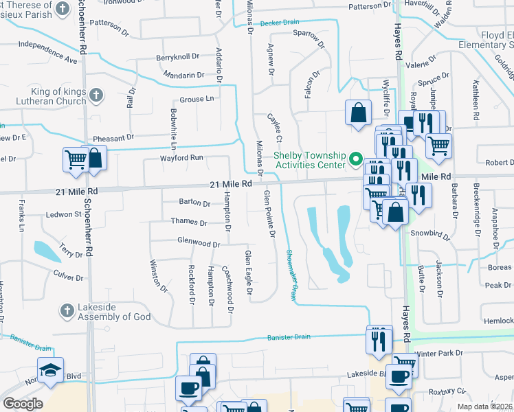 map of restaurants, bars, coffee shops, grocery stores, and more near 14465 Doebler Drive in Macomb County