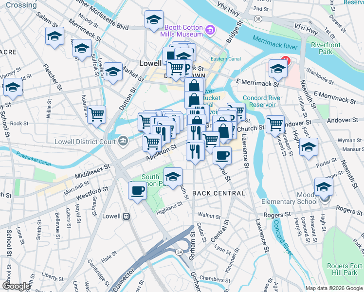 map of restaurants, bars, coffee shops, grocery stores, and more near 108 Appleton Street in Lowell