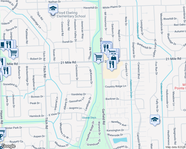 map of restaurants, bars, coffee shops, grocery stores, and more near 46954 McKenna Drive in Macomb