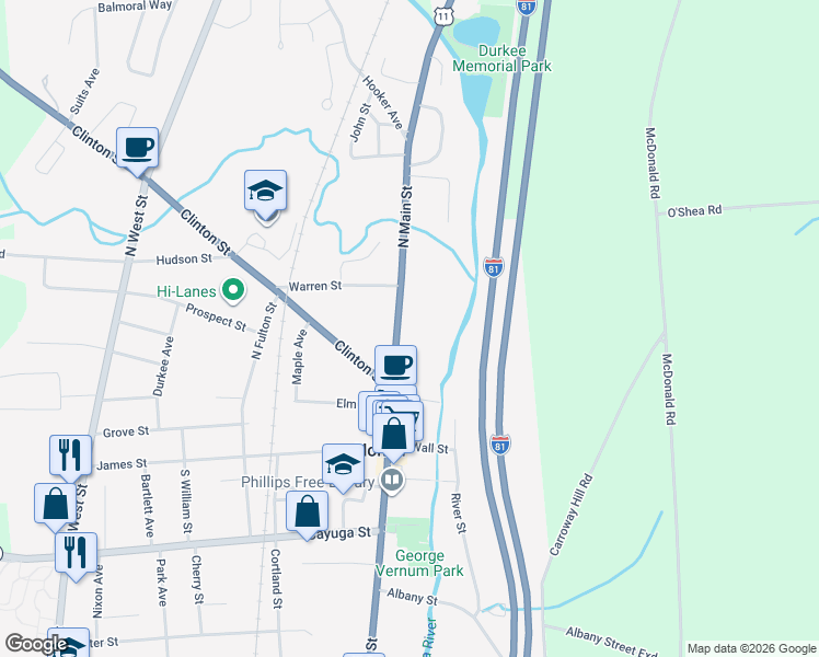 map of restaurants, bars, coffee shops, grocery stores, and more near 49 North Main Street in Homer