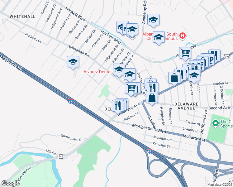 map of restaurants, bars, coffee shops, grocery stores, and more near 39 Mapleridge Ave in Albany