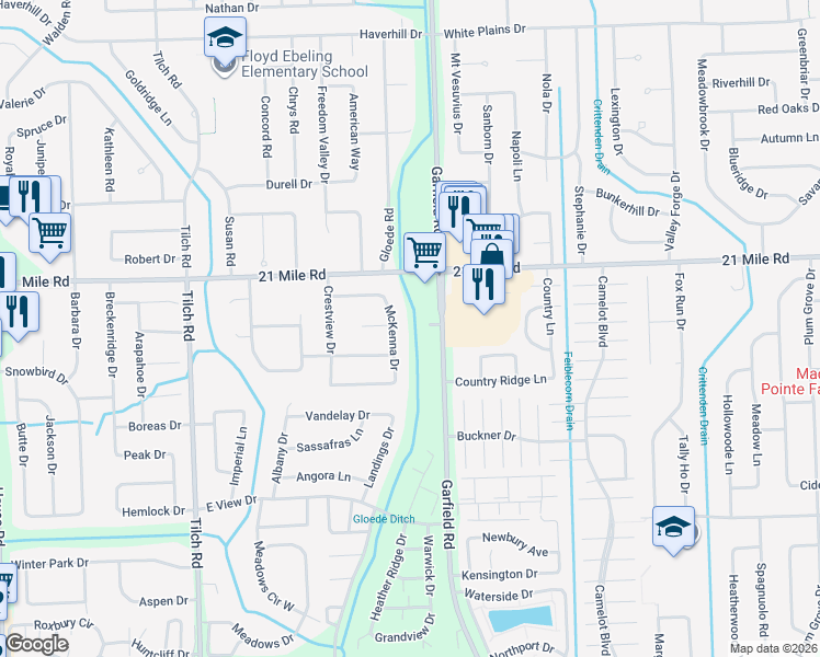 map of restaurants, bars, coffee shops, grocery stores, and more near 46954 McKenna Drive in Macomb