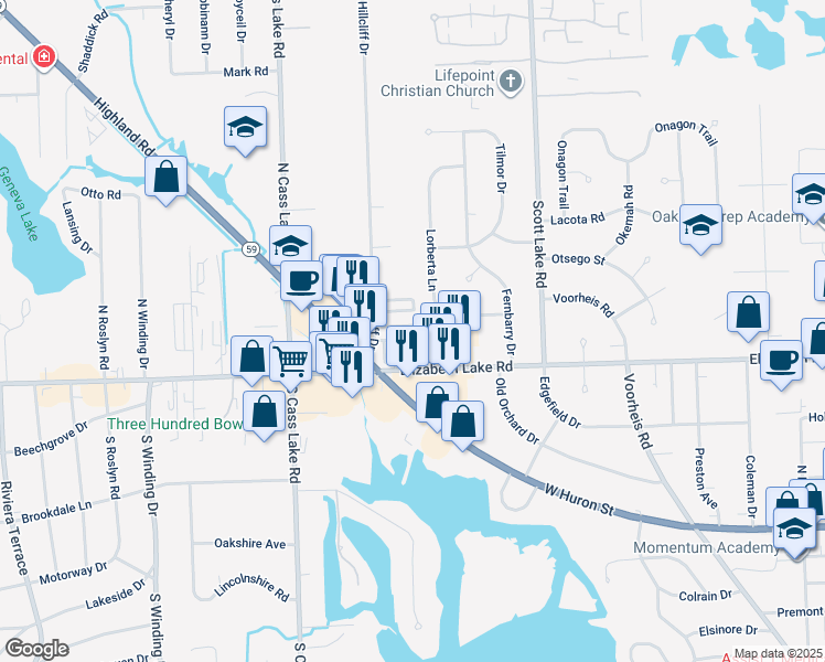 map of restaurants, bars, coffee shops, grocery stores, and more near 78 Jeff Street in Waterford Township