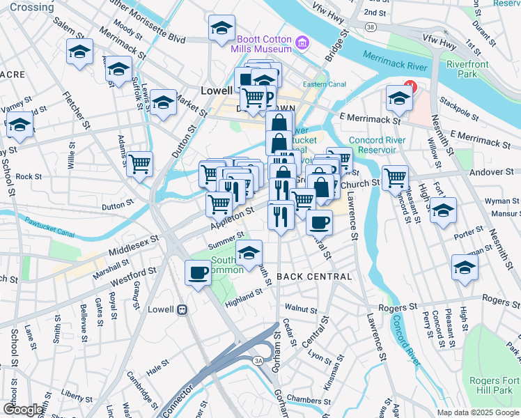 map of restaurants, bars, coffee shops, grocery stores, and more near 112 Appleton Street in Lowell