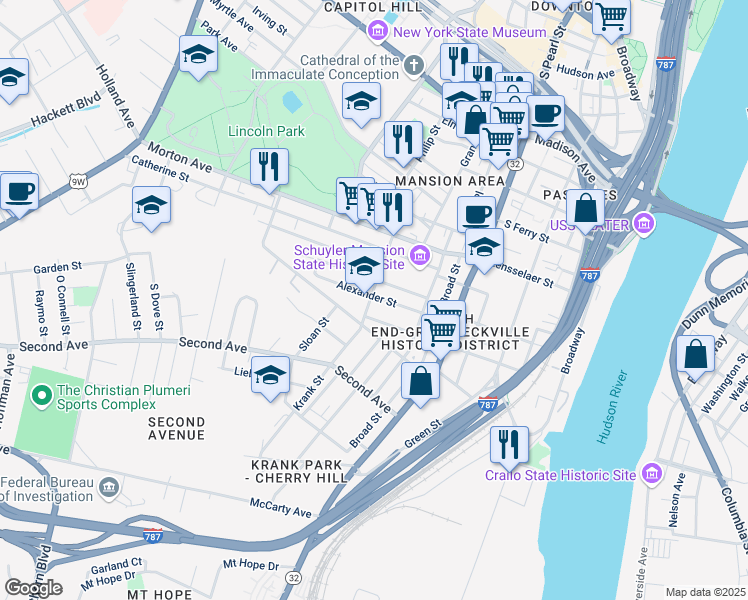 map of restaurants, bars, coffee shops, grocery stores, and more near 64 Alexander Street in Albany