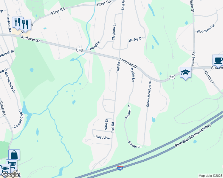 map of restaurants, bars, coffee shops, grocery stores, and more near 15 Danielle Drive in Tewksbury