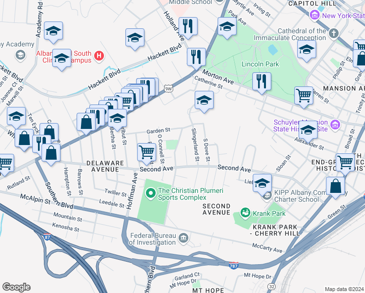 map of restaurants, bars, coffee shops, grocery stores, and more near 30 Sand Street in Albany
