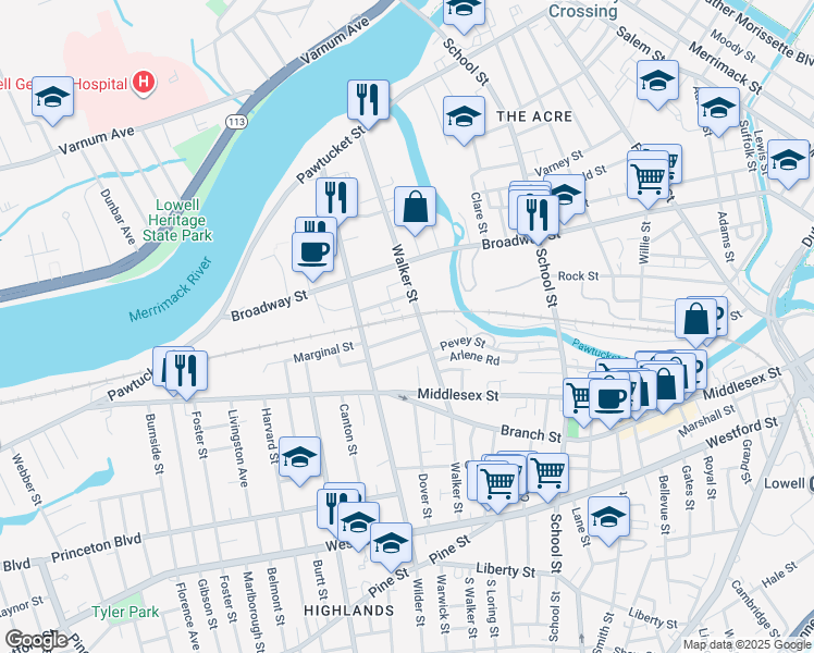 map of restaurants, bars, coffee shops, grocery stores, and more near 13 West Adams Street in Lowell