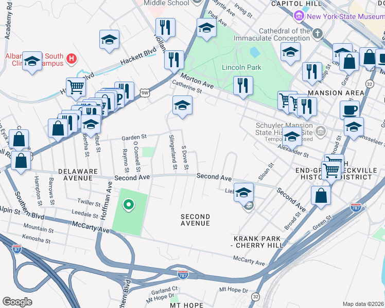 map of restaurants, bars, coffee shops, grocery stores, and more near 32 Saint Georges Place in Albany