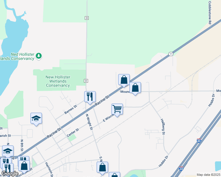 map of restaurants, bars, coffee shops, grocery stores, and more near 902 East Wisconsin Street in Delavan
