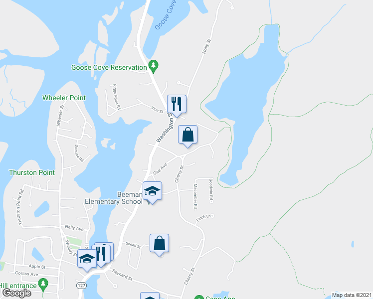 map of restaurants, bars, coffee shops, grocery stores, and more near 20 Gee Avenue in Gloucester