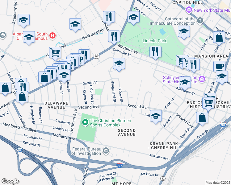 map of restaurants, bars, coffee shops, grocery stores, and more near 31 Slingerland Street in Albany