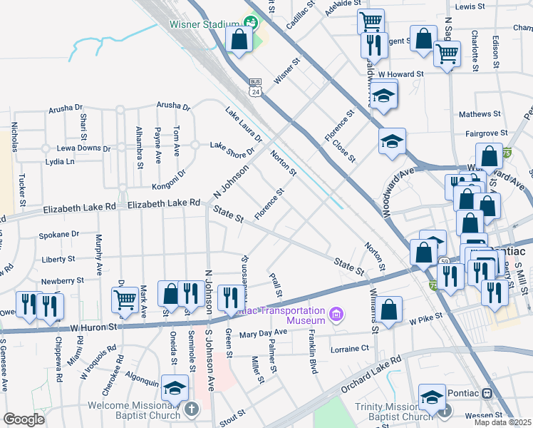 map of restaurants, bars, coffee shops, grocery stores, and more near 225 Florence Street in Pontiac