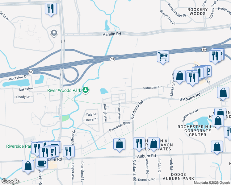 map of restaurants, bars, coffee shops, grocery stores, and more near 3887 Andover Avenue in Auburn Hills