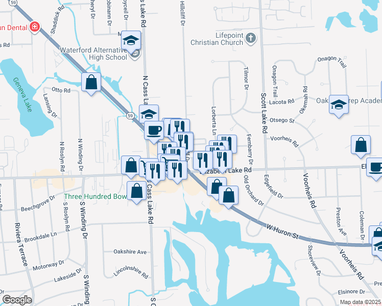 map of restaurants, bars, coffee shops, grocery stores, and more near 62 Jeff Street in Waterford Township