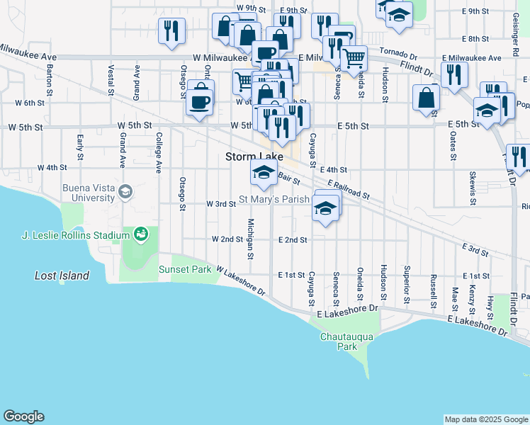 map of restaurants, bars, coffee shops, grocery stores, and more near 328 Lake Avenue North in Storm Lake