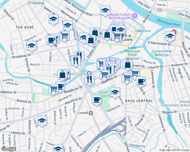 map of restaurants, bars, coffee shops, grocery stores, and more near 330 Jackson Street in Lowell