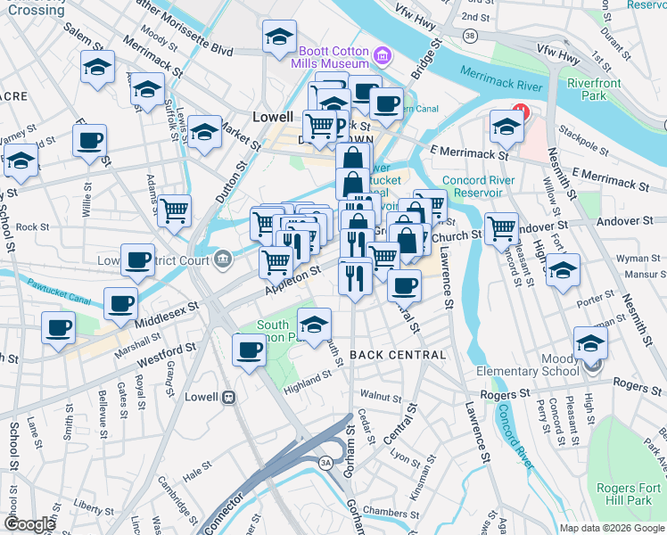 map of restaurants, bars, coffee shops, grocery stores, and more near 108 Appleton Street in Lowell