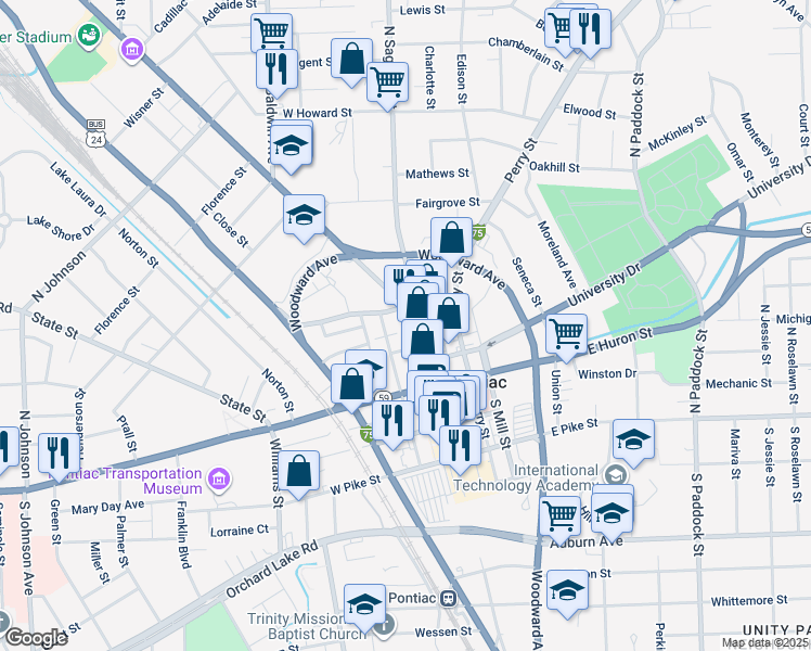 map of restaurants, bars, coffee shops, grocery stores, and more near 121 North Saginaw Street in Pontiac