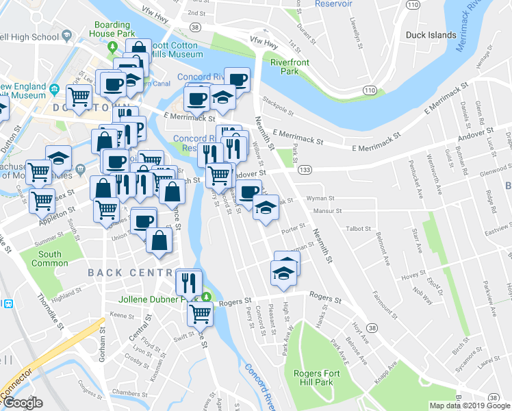 map of restaurants, bars, coffee shops, grocery stores, and more near 318 High Street in Lowell