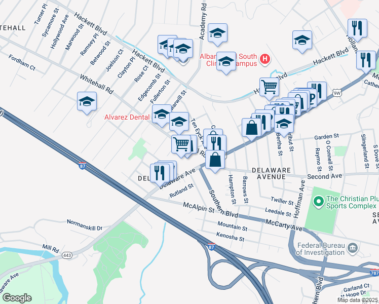 map of restaurants, bars, coffee shops, grocery stores, and more near 62 Whitehall Road in Albany