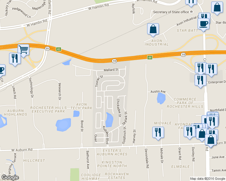 map of restaurants, bars, coffee shops, grocery stores, and more near Toucan Street in Rochester Hills