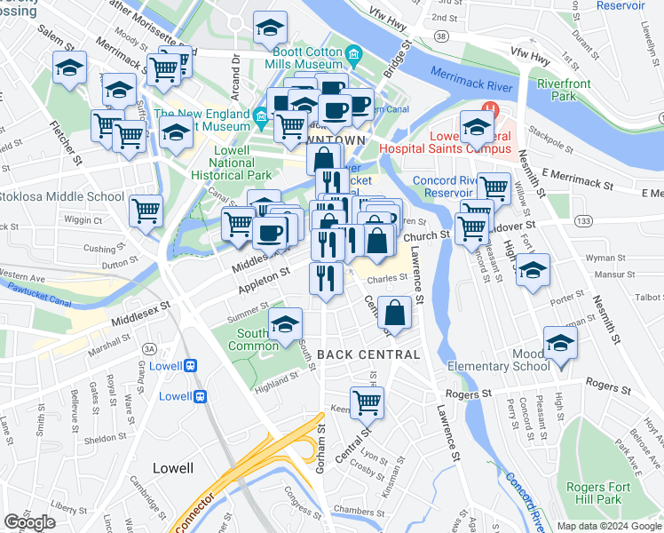 map of restaurants, bars, coffee shops, grocery stores, and more near in Lowell