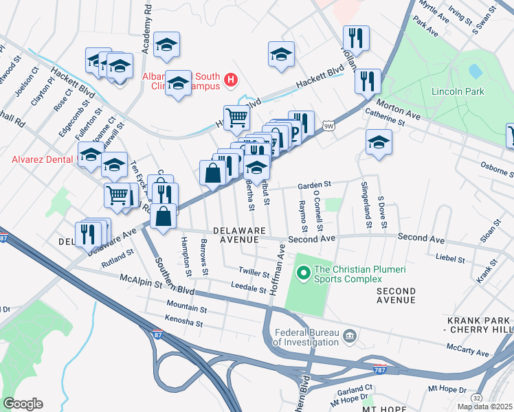 map of restaurants, bars, coffee shops, grocery stores, and more near 28 Bertha Street in Albany