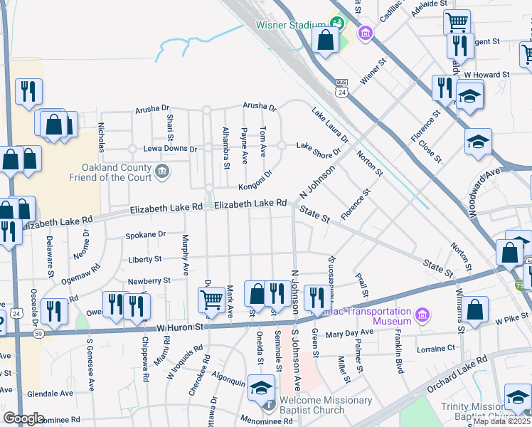 map of restaurants, bars, coffee shops, grocery stores, and more near 168 Lincoln Street in Pontiac
