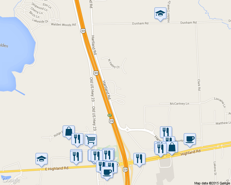 map of restaurants, bars, coffee shops, grocery stores, and more near 2606 Woodcliff Trail in Hartland