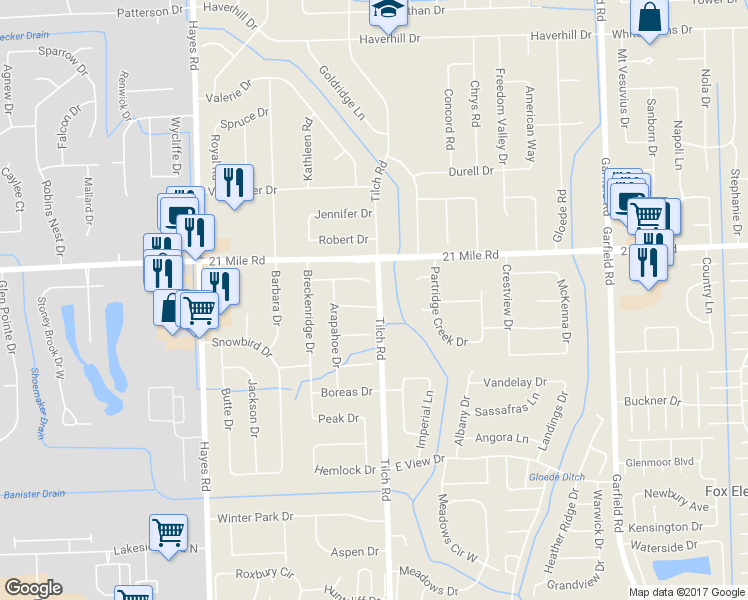 map of restaurants, bars, coffee shops, grocery stores, and more near 15875 Eagle Drive in Macomb