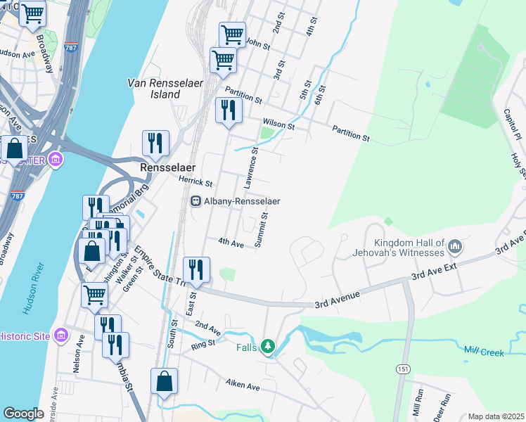 map of restaurants, bars, coffee shops, grocery stores, and more near 5 Summit Street in Rensselaer