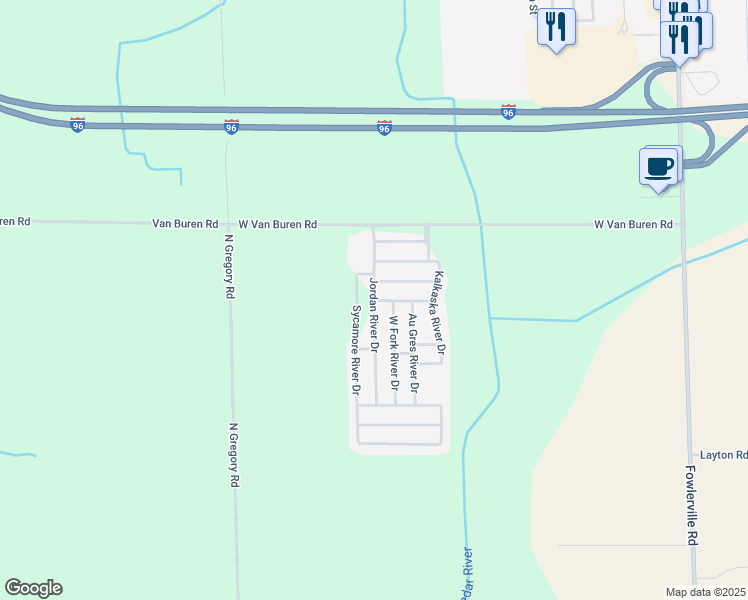 map of restaurants, bars, coffee shops, grocery stores, and more near 2770 Jordan River Drive in Fowlerville